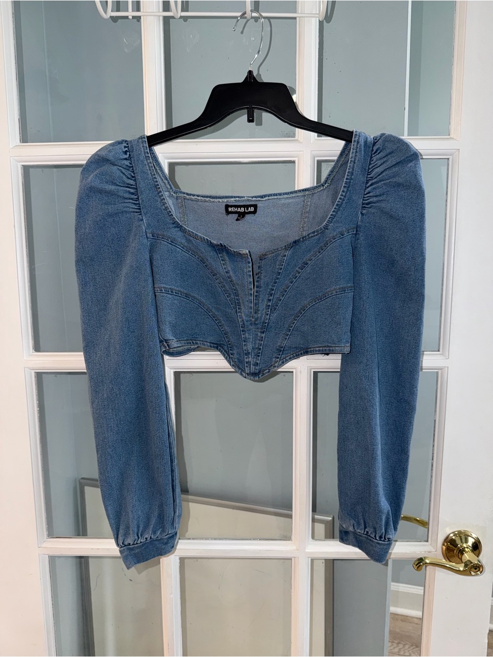 Rehab Lab Women's Denim Peasant Crop Top Sz S Festival Boho Western Cowgirl